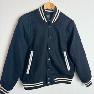 Richie Le 100% Wool Varsity Jacket Black Cream Striped Trim Size Small